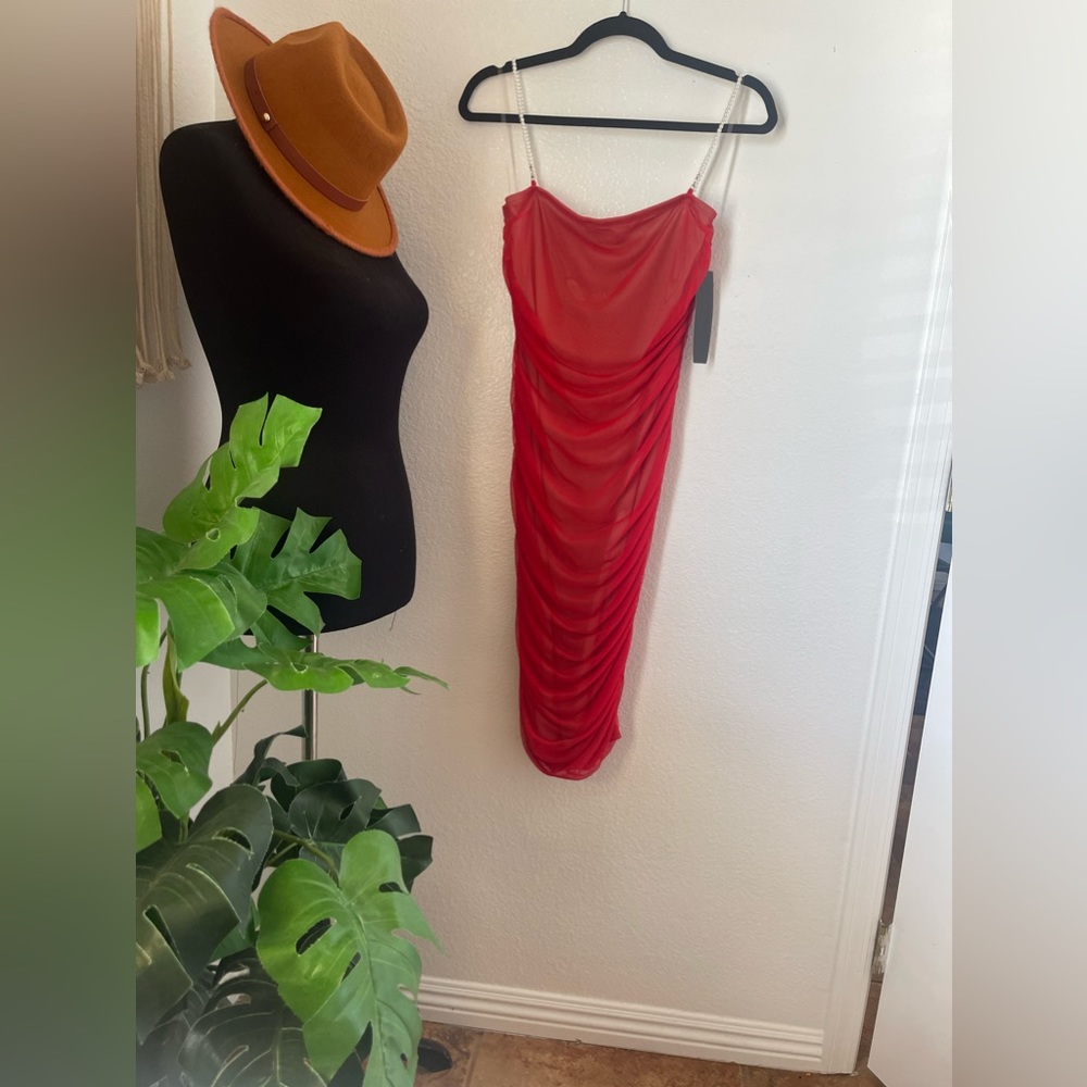 MINETTW Red-mesh dress with nude underlay NWT